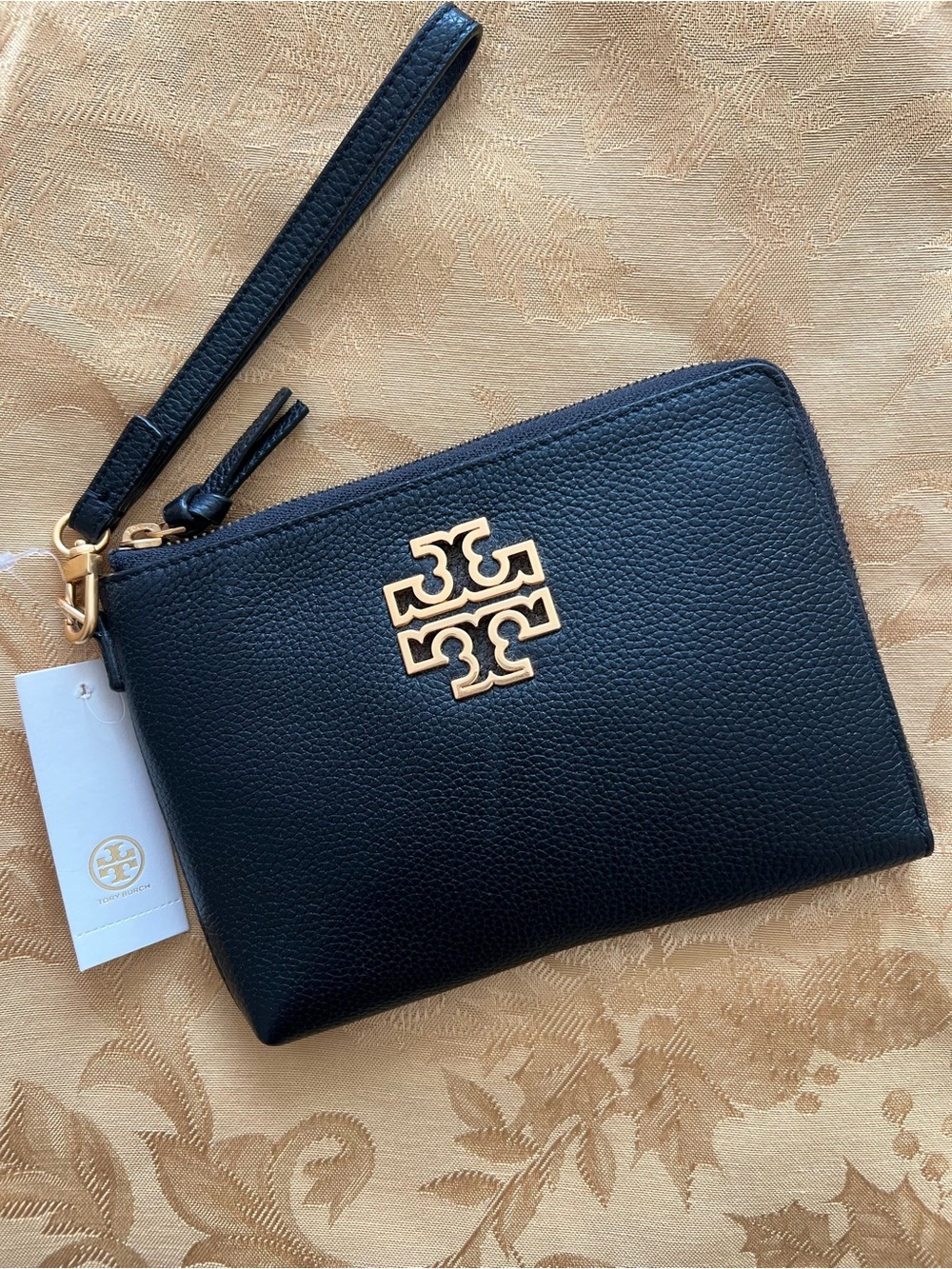 Tory Burch Black Leather Wristlet with Gold Logo Accent